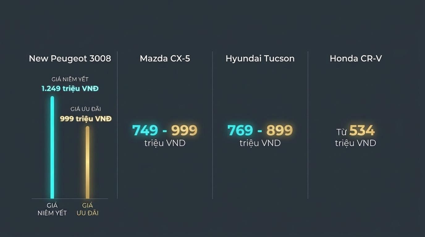 Nên Mua Peugeot 3008 Hay Honda CR-V, Mazda CX-5, Tucson? 9 Nên Mua Peugeot 3008 Hay Honda CR-V, Mazda CX-5, Tucson? Banner đồ hoạ so sánh giá New Peugeot 3008 với Mazda CX-5, Hyundai Tucson, Honda CR-V tháng 8/2026